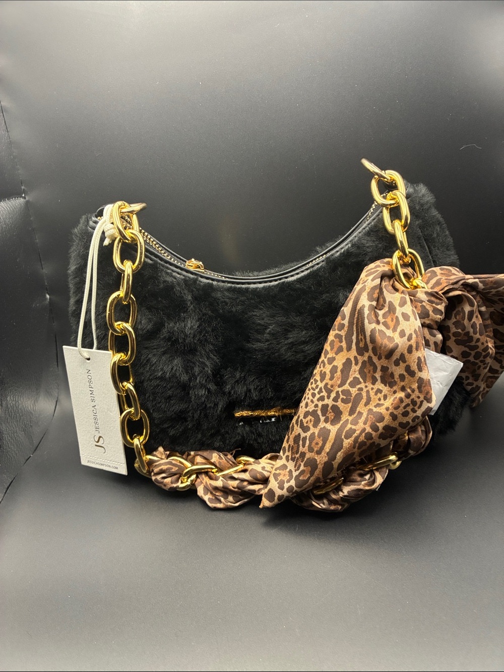 Jessica Simpson Black Faux Fur Shoulder Bag with Gold Chain & Leopard Scarf